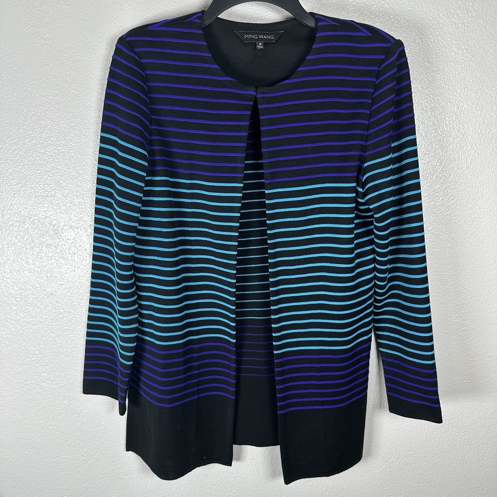Ming Wang Open Cardigan Womens Sz Small Black Purple Blue Striped Office Career